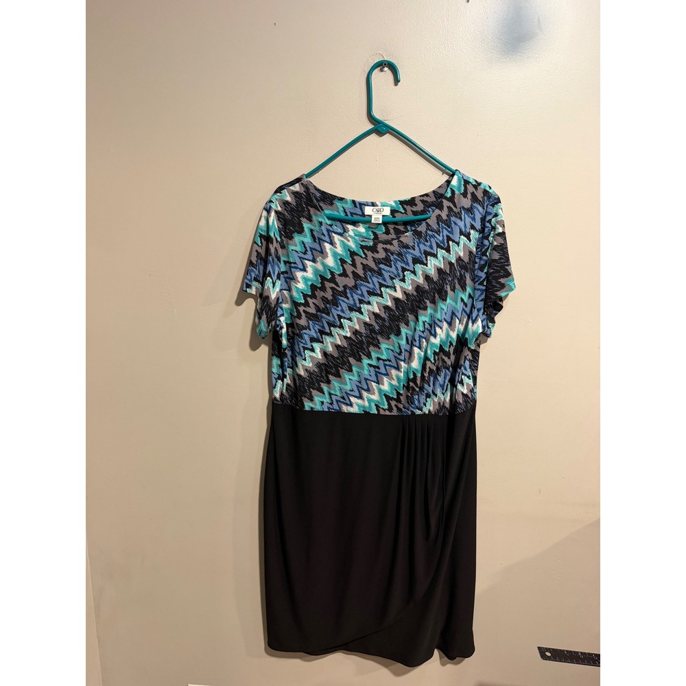 Cato Woman Blue Teal Chevron Short Sleeve Draped Waist Dress 18/20W